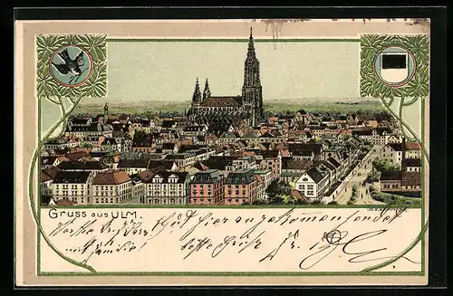 Lithographie Ulm, Stadtpanorama mit dem Dom