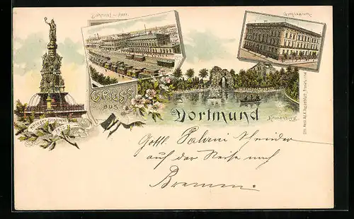 Lithographie Dortmund, Krieger-Denkmal, Bahnhof mit Post und Gymnasium