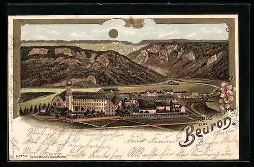 Lithographie Beuron, Panoramablick auf Kloster und Landschaft