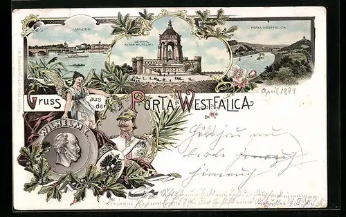 Lithographie Porta Westfalica, Ortsansicht, Ortsansicht Minden, Wilhelm I., Wappen