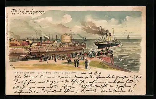 Lithographie Wilhelmshaven, Hafeneinfahrt von der Strandhalle gesehen