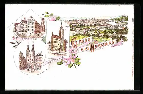Lithographie Würzburg, Universität, Rathaus, Dom