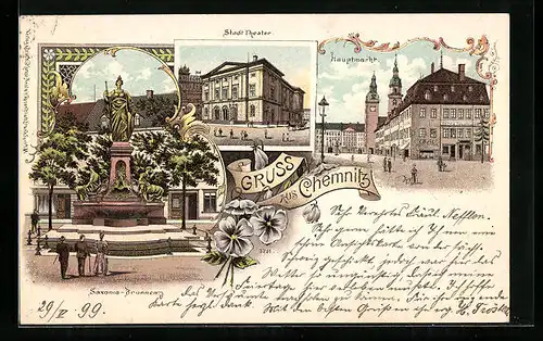 Lithographie Chemnitz, Stadt-Theater, Saxonia-Brunnen, Hauptmarkt