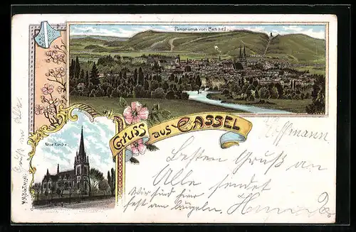 Lithographie Kassel, Neue Kirche, Stadtpanorama, Wappen
