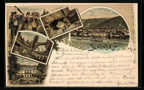 Lithographie Bad Schandau, Der Kuhstall, Kurhaus, Ortsansicht