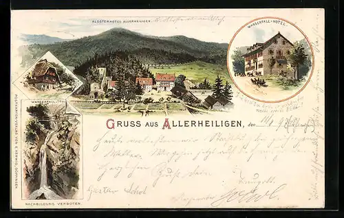 Lithographie Lierbach, Klosterhotel Allerheiligen, Wasserfall-Hotel und Blick zum Wasserfall