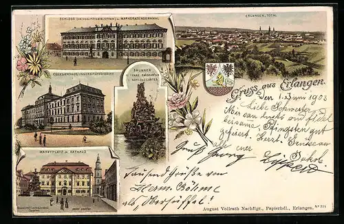 Lithographie Erlangen, Totalansicht, Markt mit Rathaus, Schloss & Markgrafendenkmal