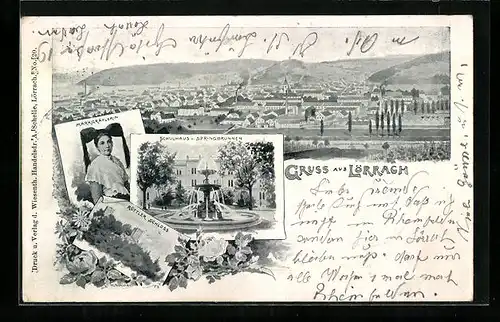 AK Lörrach, Schulhaus u. Springbrunnen, Röttler Schloss, Markgräflerin