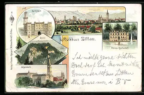 Lithographie Zittau, Restaurant Weinau, der Oybin, Johanneum