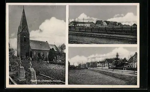 AK Eggebek, Kirche mit Friedhof, Ortsansicht, Strassenpartie