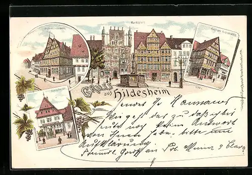 Lithographie Hildesheim, Marktplatz, Domschenke und Altdeutsches Haus