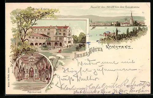 Lithographie Konstanz, Insel-Hotel Entrée, Inneres Speisesaal, Teilansicht von der Seestrasse