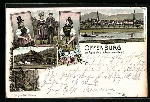 Lithographie Offenburg am Fusse des Schwarzwaldes, Schwarzwälder Bauernhaus, Schwarzwälder Volkstrachten, Kinzig