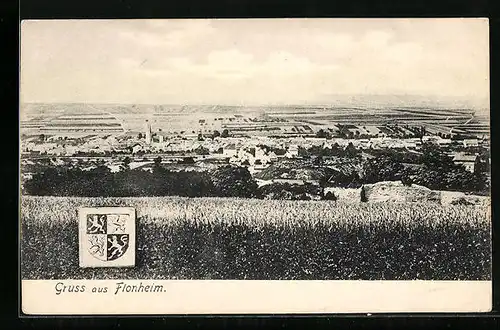 AK Flonheim, Panorama des Ortes, Wappen