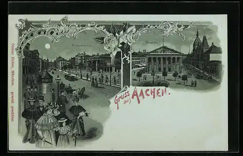 Lithographie Aachen, Elisenbrunnen und Theater