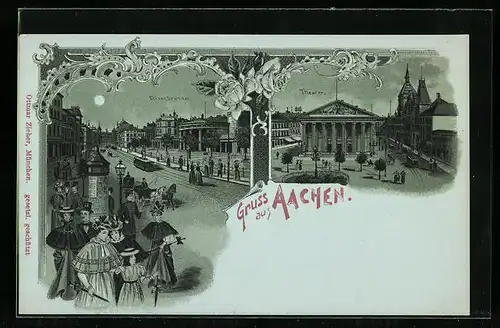 Lithographie Aachen, Elisenbrunnen und Theater