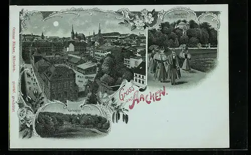 Lithographie Aachen, Gesamtansicht, Lousberg mit Belvedere, Karlshöhe