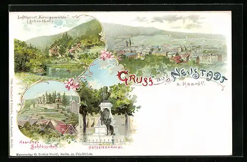 Lithographie Neustadt a. Haardt, Ortsansicht, Luftkurort Königsmühle, Hetzeldenkmal