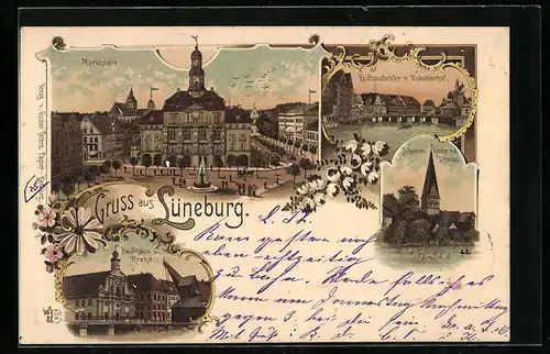 Lithographie Lüneburg, Kaufhausbrücke mit Viskuhlenhof, Kaufhaus und Krahn