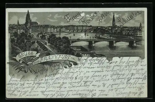 Lithographie Frankfurt a. M., Ortsansicht aus der Vogelschau