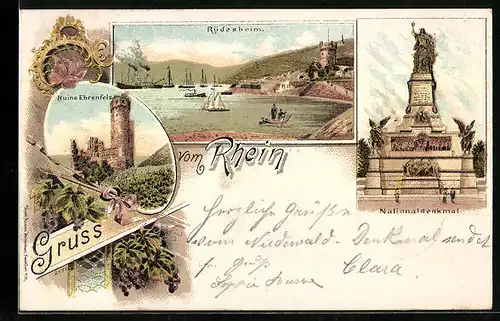 Lithographie Rüdesheim, Rheinpartie, Nationaldenkmal & Ruine Ehrenfels