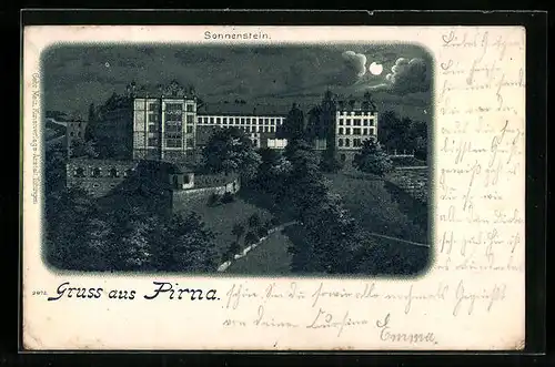 Lithographie Pirna, Sonnenstein bei Mondschein