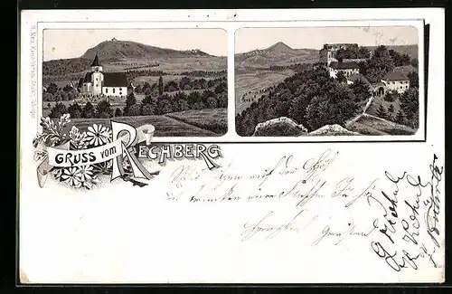 Lithographie Rechberg, Ortspartie mit Kirche, Ruine mit Fernsicht