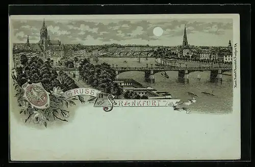 Mondschein-Lithographie Frankfurt a. M., Teilansicht mit Kirche und Brücke