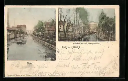 AK Storkow /Mark, Mühlenfliess mit Dampfmühle, Kanal