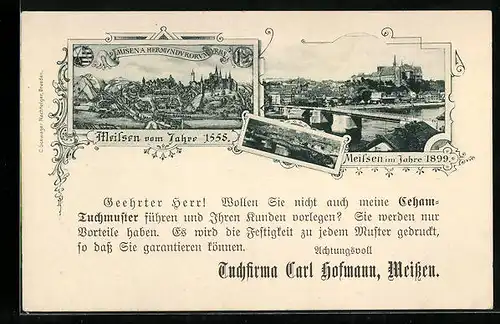 AK Meissen, Tuchfirma Carl Hofmann, Teilansichten 1558 und 1899, Brücke