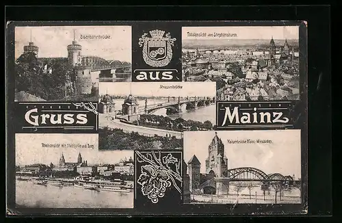 AK Mainz, Kaiserbrücke, Eisenbahnbrücke, Stadthalle und Dom
