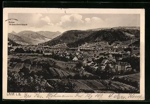 AK Lahr i. B., Ortsansicht mit Blick auf die Kirche vom Waldrand aus gesehen, Ruine Hohen-Geroldseck