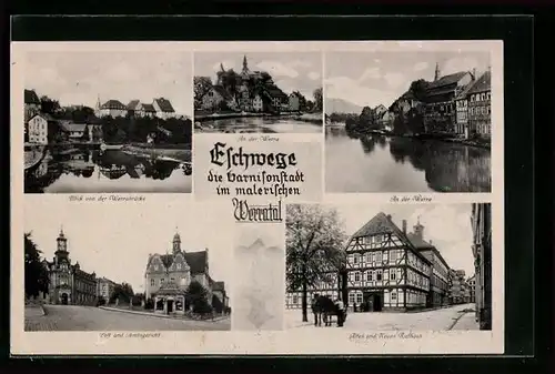 AK Eschwege, an der Werra, Blick von der Werrabrücke, altes und neues Rathaus