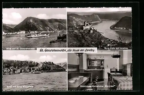 AK St. Goarshausen a. Rh., Weinstube Zum Karpfen, Innenansicht, Burg Katz mit Loreley