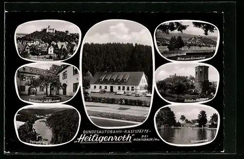 AK Heiligenbach bei Montabaur, Bundesautobahn-Raststätte, Schloss und Wolfsturm, Gelbachtal