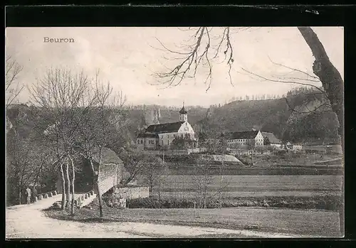 AK Beuron, Ortsansicht mit Blick auf die Kirche vom Waldrand aus gesehen