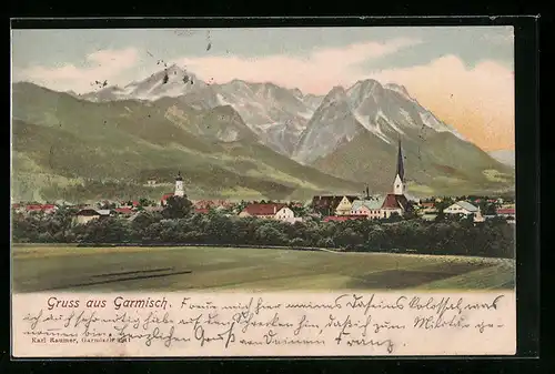 AK Garmisch, Ortsansicht aus der Ferne mit Blick auf die Kirche