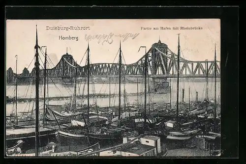 AK Duisburg-Ruhrort, Homberg, Partie am Hafen mit Rheinbrücke