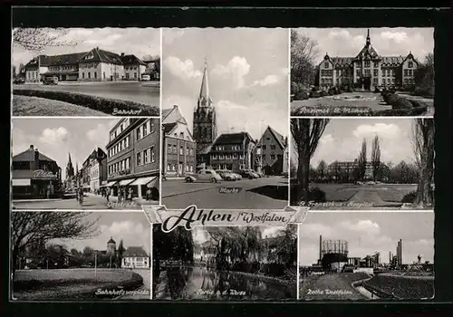 AK Ahlen / Westf., Bahnhof, Pensionat St. Michael, Markt, zeche Westfalen, Oststrasse