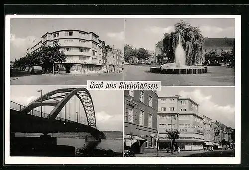 AK Rheinhausen, Strassenpartie mit Geschäften, Brücke, Brunnen
