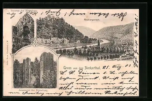 AK Neckargerach /Neckarthal, Ortspartie mit Kirche, Äusseres der Minneburg, Inneres der Minneburg