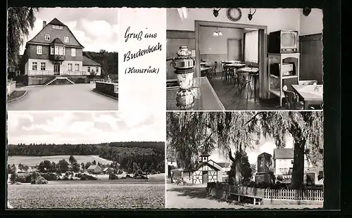 AK Budenbach /Hunsrück, Gasthaus und Pension Hans Petry, Innenansicht, Denkmal