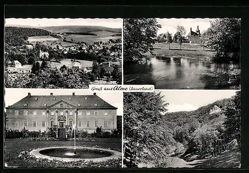 AK Alme /Sauerland, Gebäudeansicht mit Brunnen, Uferpartie, Ortspartie