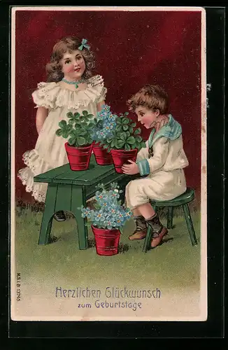 AK Kinder mit Kleeblatt-Töpfen