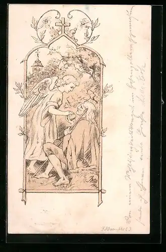 AK Schutzengel behütet Mann am Weg