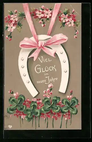 Präge-AK Hufeisen mit Schleife und Kleeblättern