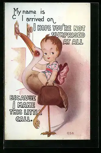 AK Kind auf Storch, Glückwunsch zur Geburt