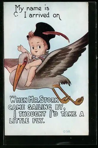 AK Neugeborenes fliegt auf Storch, Glückwunsch zur Geburt