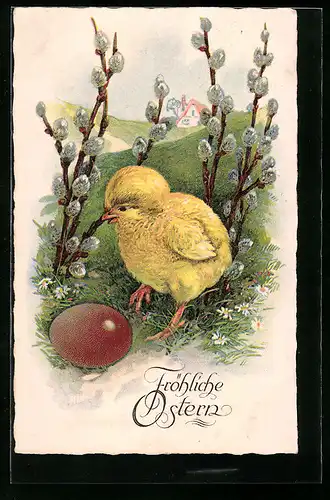 AK Osterküken mit Osterei, Palmkätzchenzweige