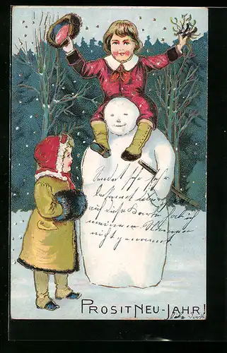 AK Kinder spielen mit dem Schneemann, Prosit Neujahr